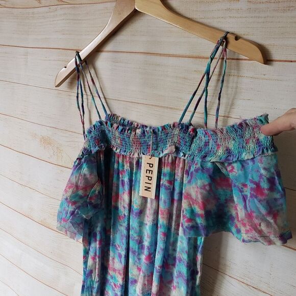 Pepin Off The Shoulder Watercolor Raw Hem Lightweight Summer Dress Size 4 - Picture 5 of 13